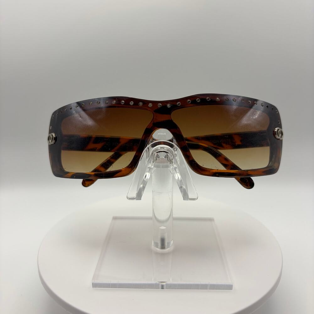 Y2K Brown Tortoise Studded Rectangle Shield Sunglasses